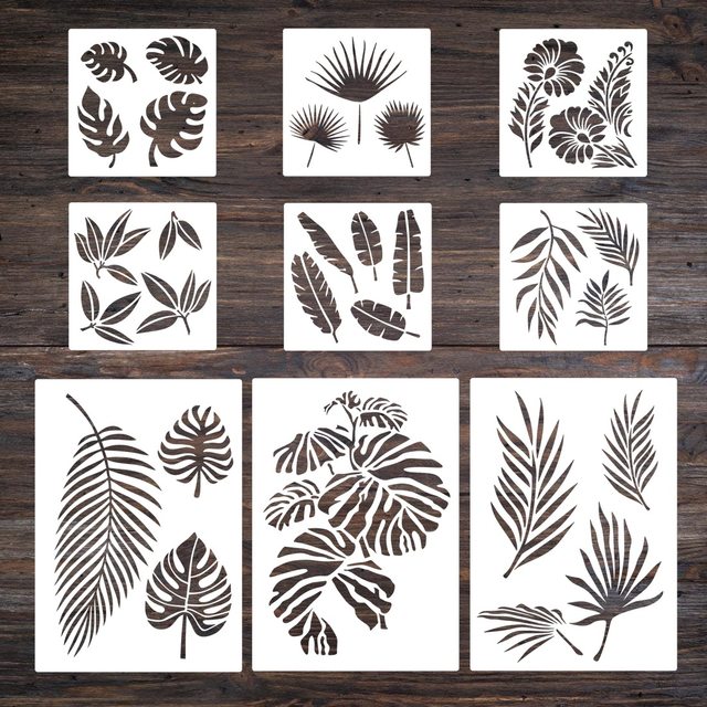 Set Of 8 White Minimalist Long Strip Stencils With Multiple Leaf Patterns  For Diy Scrapbooking And Wall Art Painting