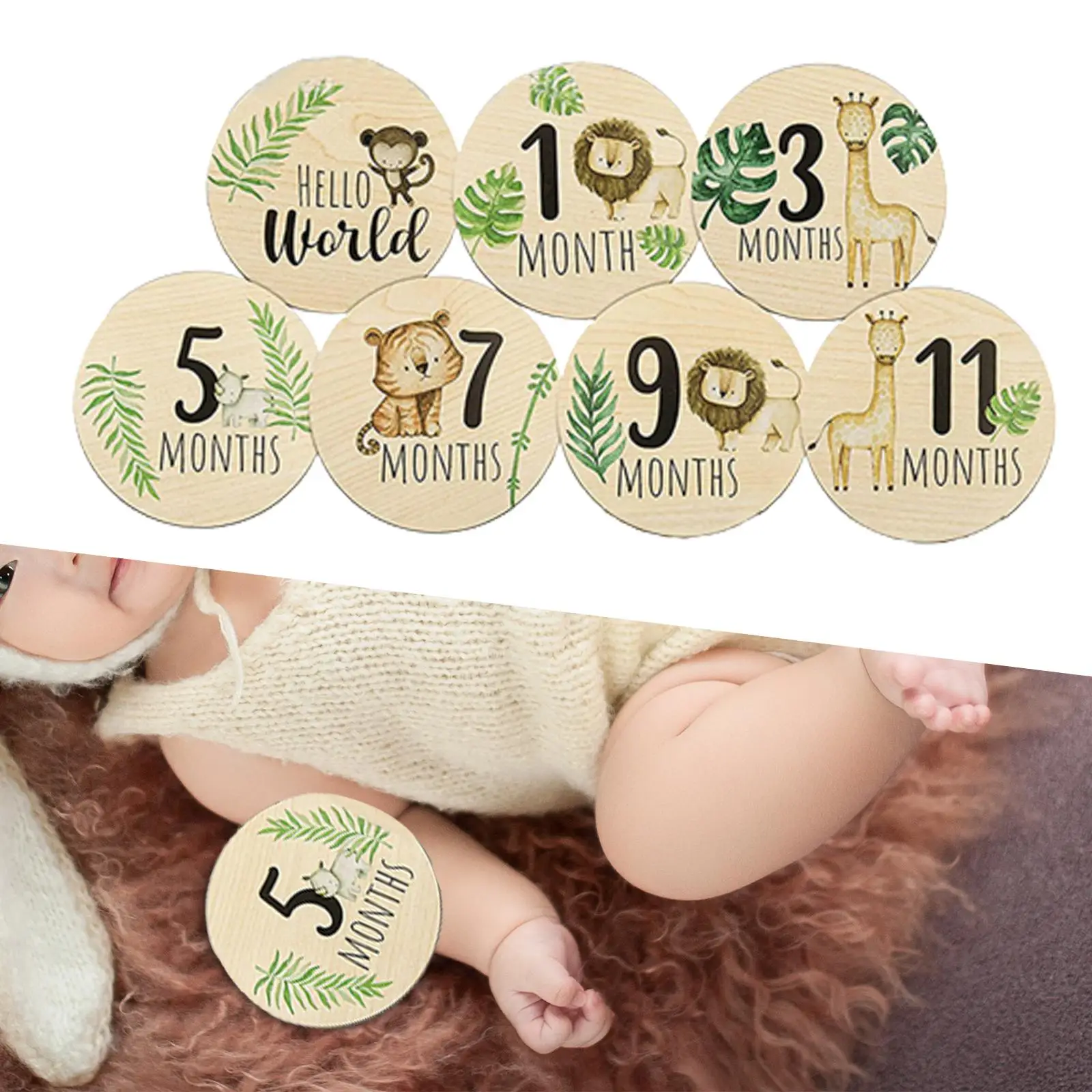 7x Wooden Baby Milestone Cards Double Sided Discs Newborn Photography Props Milestone Markers for Baby Shower