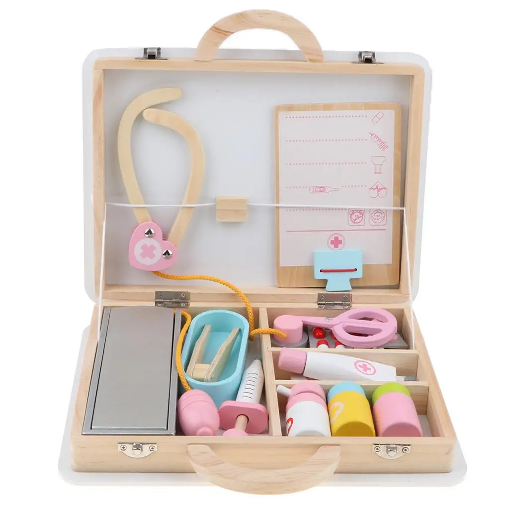 Wooden Doctor Nurse Tool Carry Case Role Playing Set Kids Creative Toy
