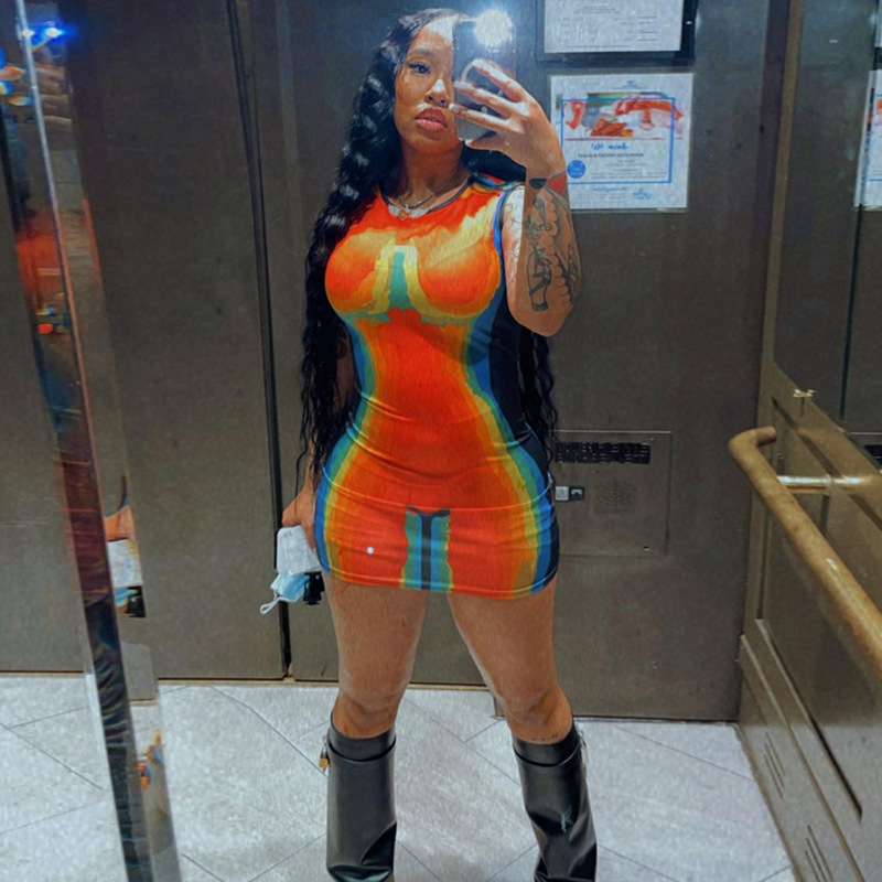 Impressão sem Mangas Clube de Festa Adogirl Sexy Mini Vestido Bodycon Feminino Magro Vestidos Curtos Streetwear Y2k Tie Dye 4 Online shopping