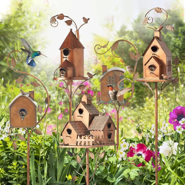 Casa de pájaros con pedestal de hierro fundido de 41 pulgadas de alto,  casas para pájaros para exteriores con poste, casas de pájaros de metal  para