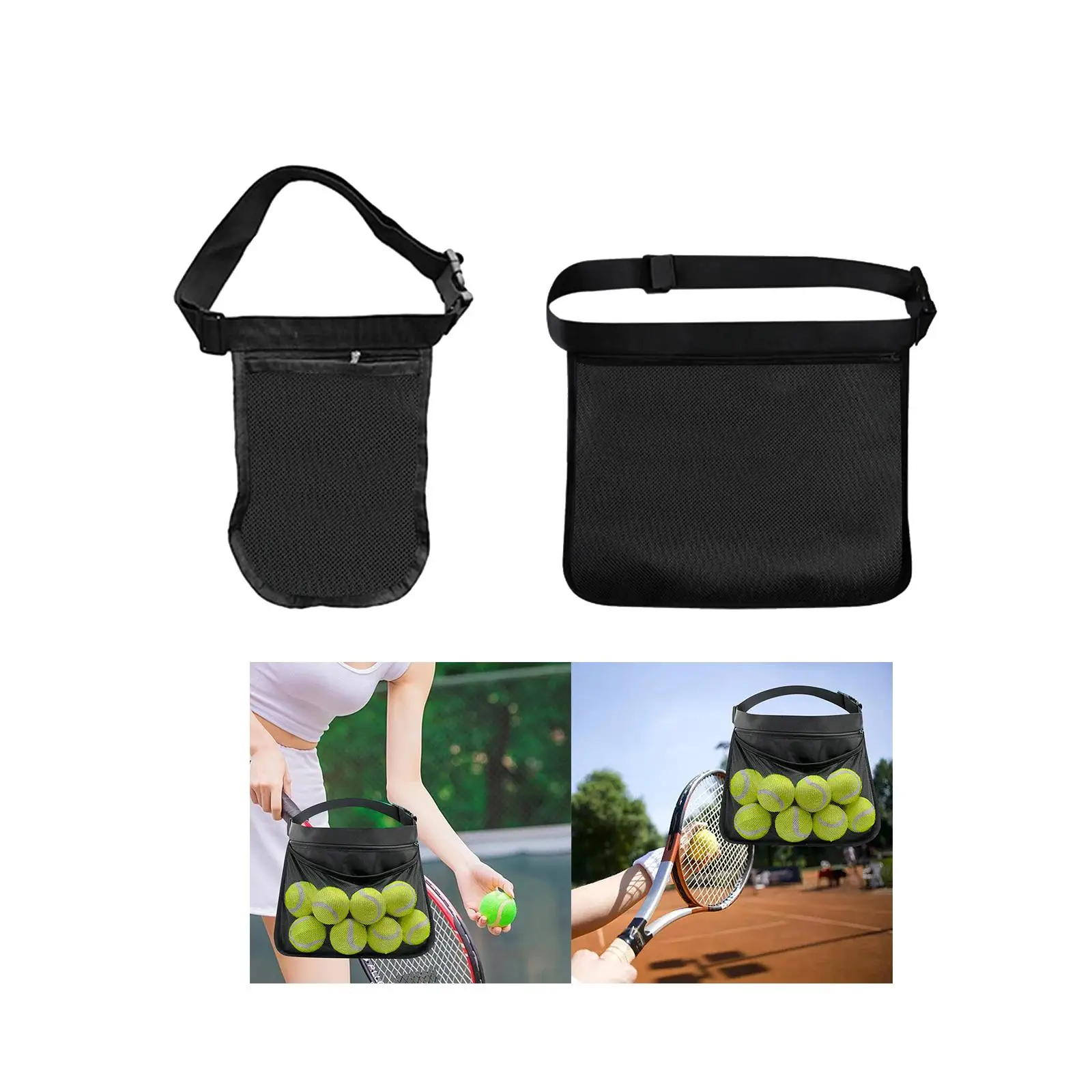 Black Tennis Ball Holder Waist Hip Bag Adjustable 76-105cm Tennis Ball Storage Bag for Golf Balls Table Tennis Balls