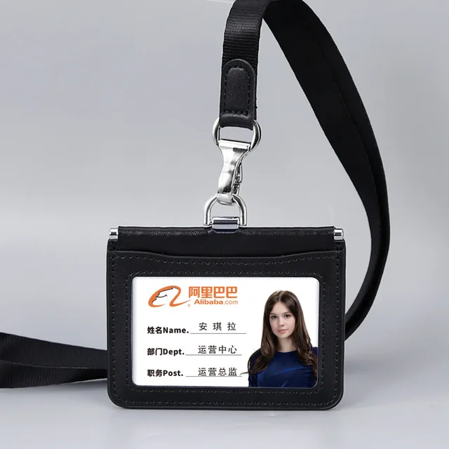 Luxury PU Leather Double Card Sleeve ID Badge Case Clear Bank Credit Card Badge  Holder Coin Purse Zip Card Bag with Neck Lanyard - AliExpress