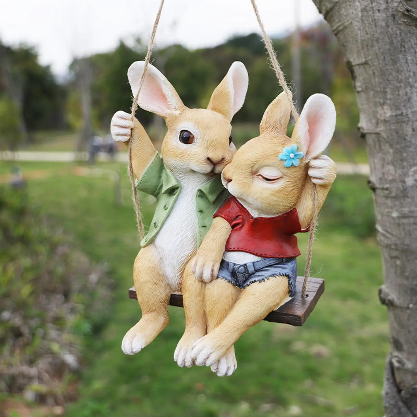 Indoor Outdoor Cute Hanging Rabbits Resin Figurines Garden Statue Swing Bunny Couples for Tree Decoration