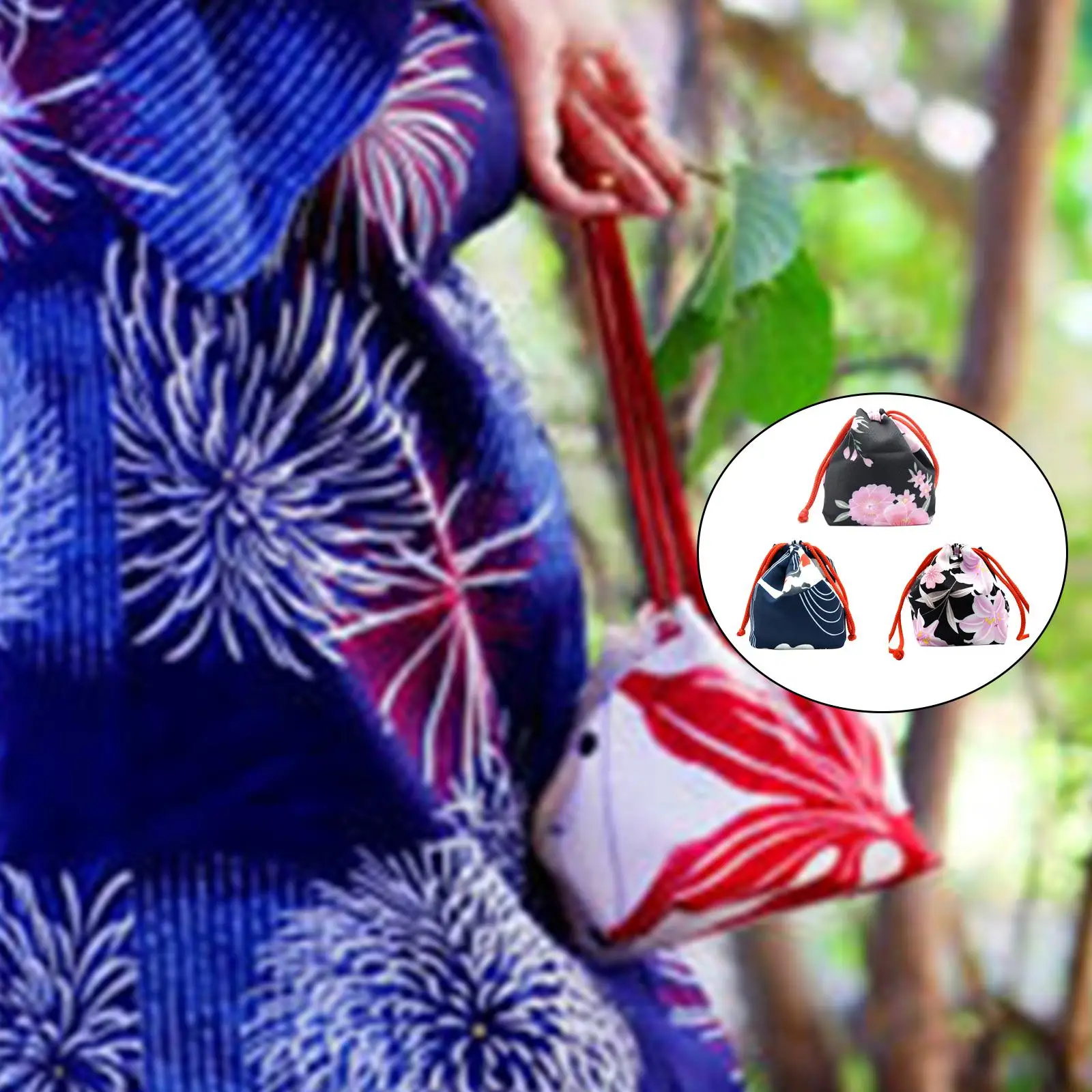 Cherry Blossom Japanese Drawstring Bag Packet Wedding Kimono Keychain Coin Purse Home Lunch Bento Storage Totes 