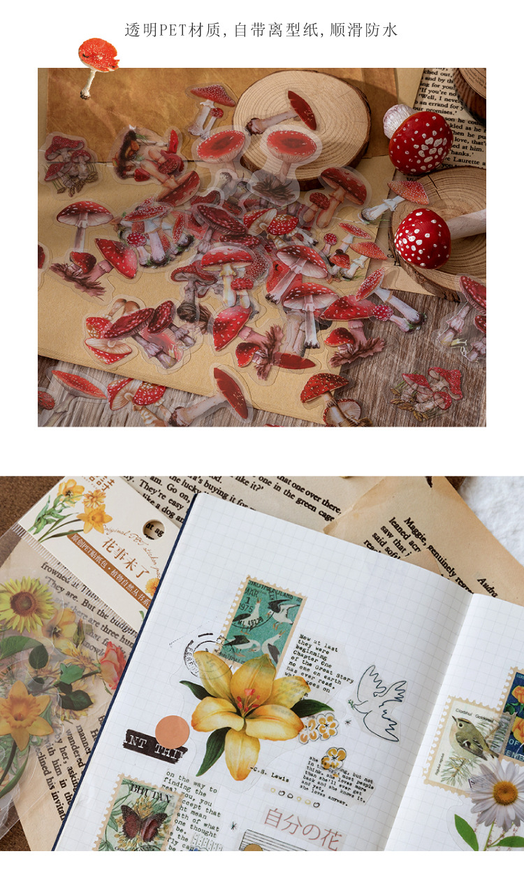 40pcs Plant & Nature Flower Decorative PVC Stickers Daisy & Mushroom DIY Scrapbooking Labels Journaling Stationery Album Decals