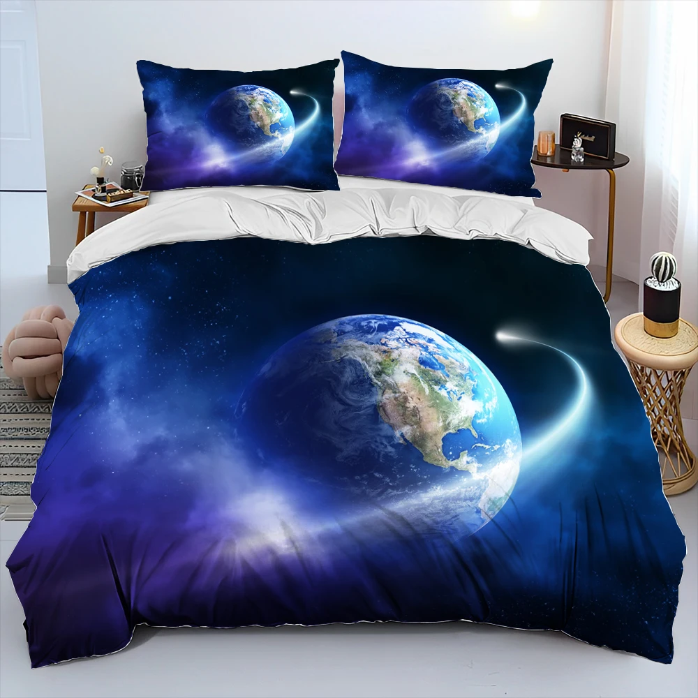 3D Space Fixed Stars Galaxy Earth Comforter Bedding Set,Duvet Cover Bed Set Quilt Cover Pillowcase,King Queen Size Bedding Set