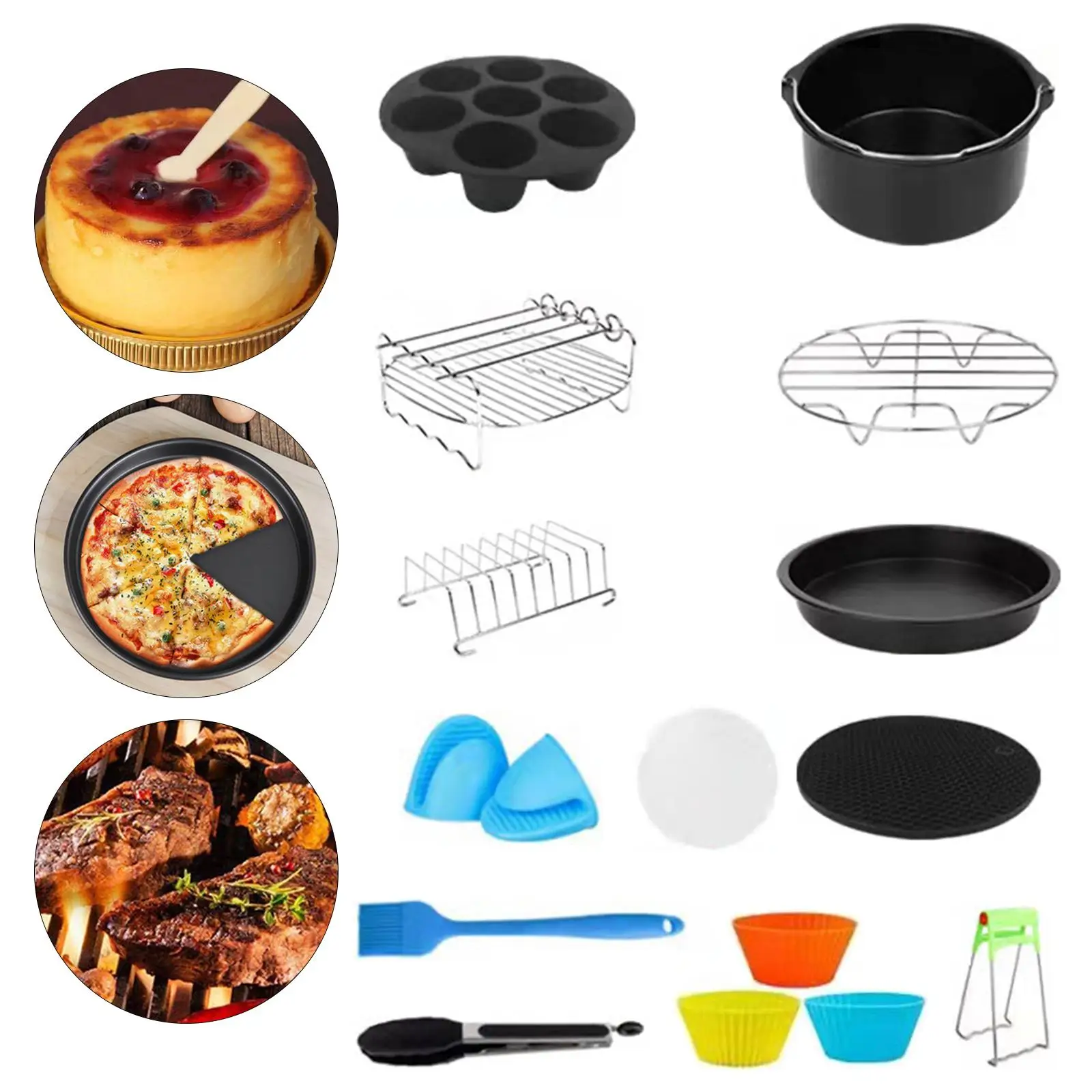 8 inch Air Fryer Accessories Silicone Clip Double Grill Silicone Pot Mat 13Pcs Air Fryer Accessory Kit for Baking Home BBQ