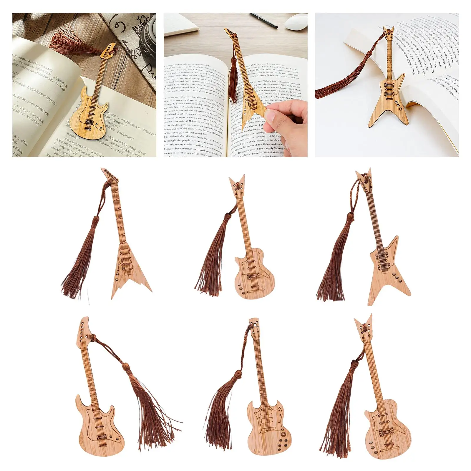6 Pieces Guitar Bass Bookmarks with Tassels,  Holder Portable  Bookmark for Book Decoration Birthday Gift Reading Supplies