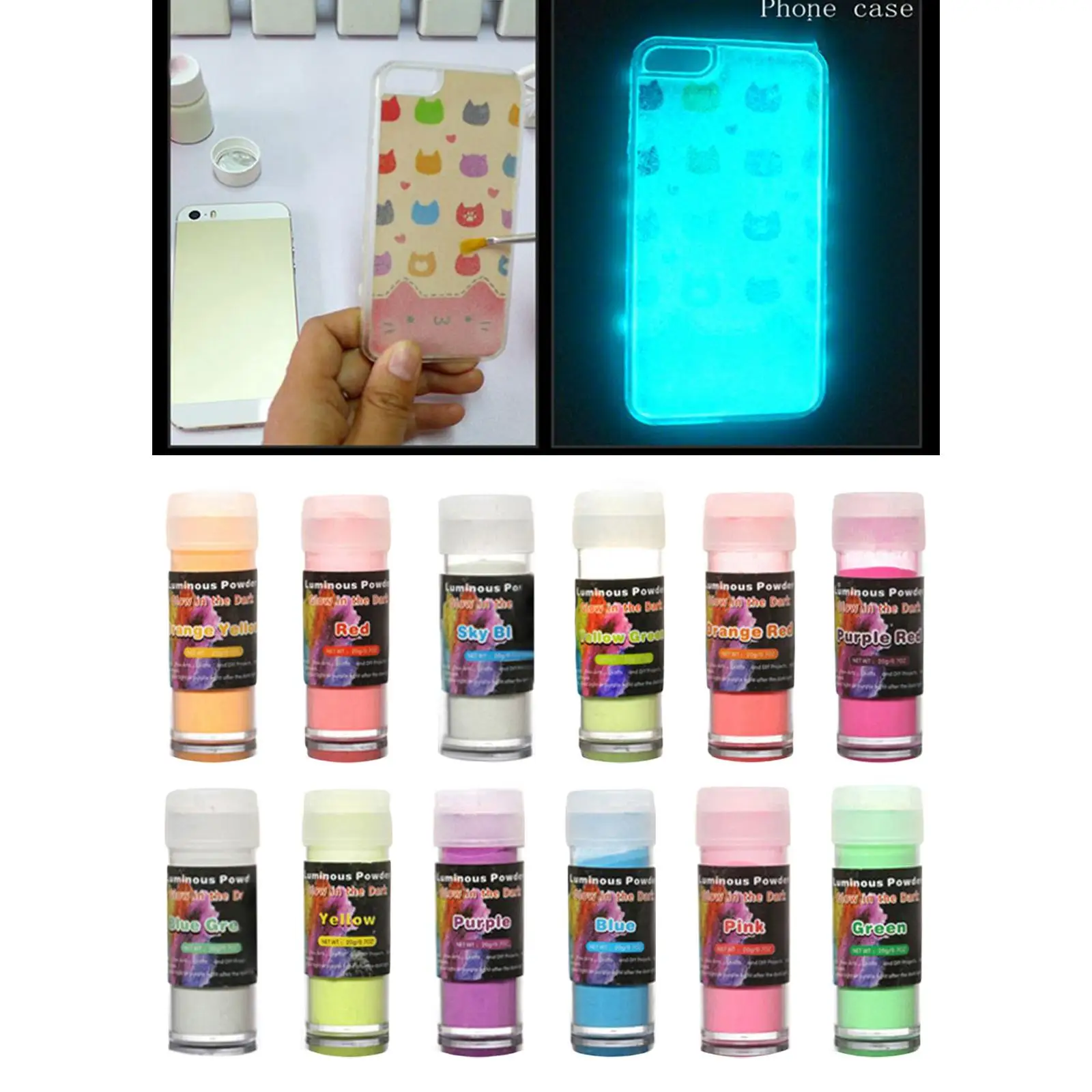 12x Luminous Powder 20G/Bottle Glow in The Dark Pigment Set for Slime Nails