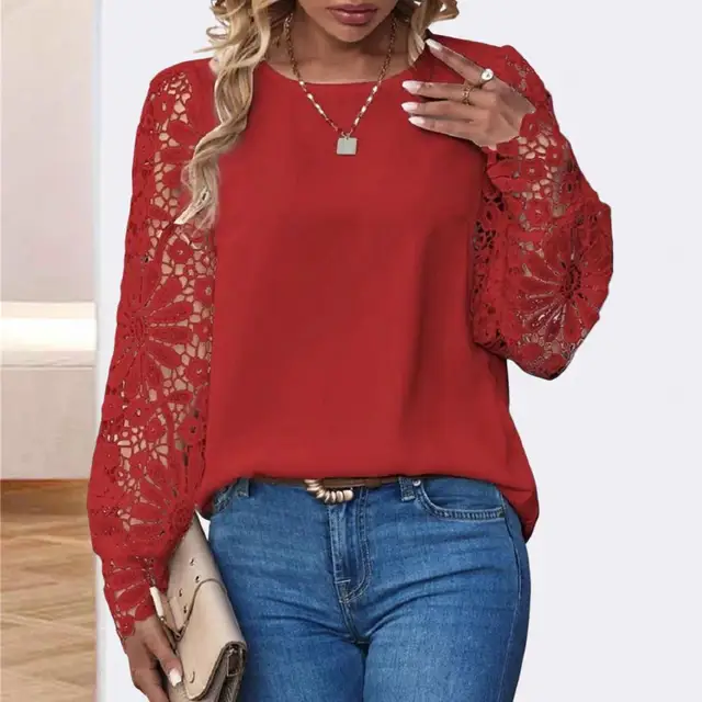 Autumn Vintage Red/White/Pink Hollow Out Lace Blouse Women Elegant