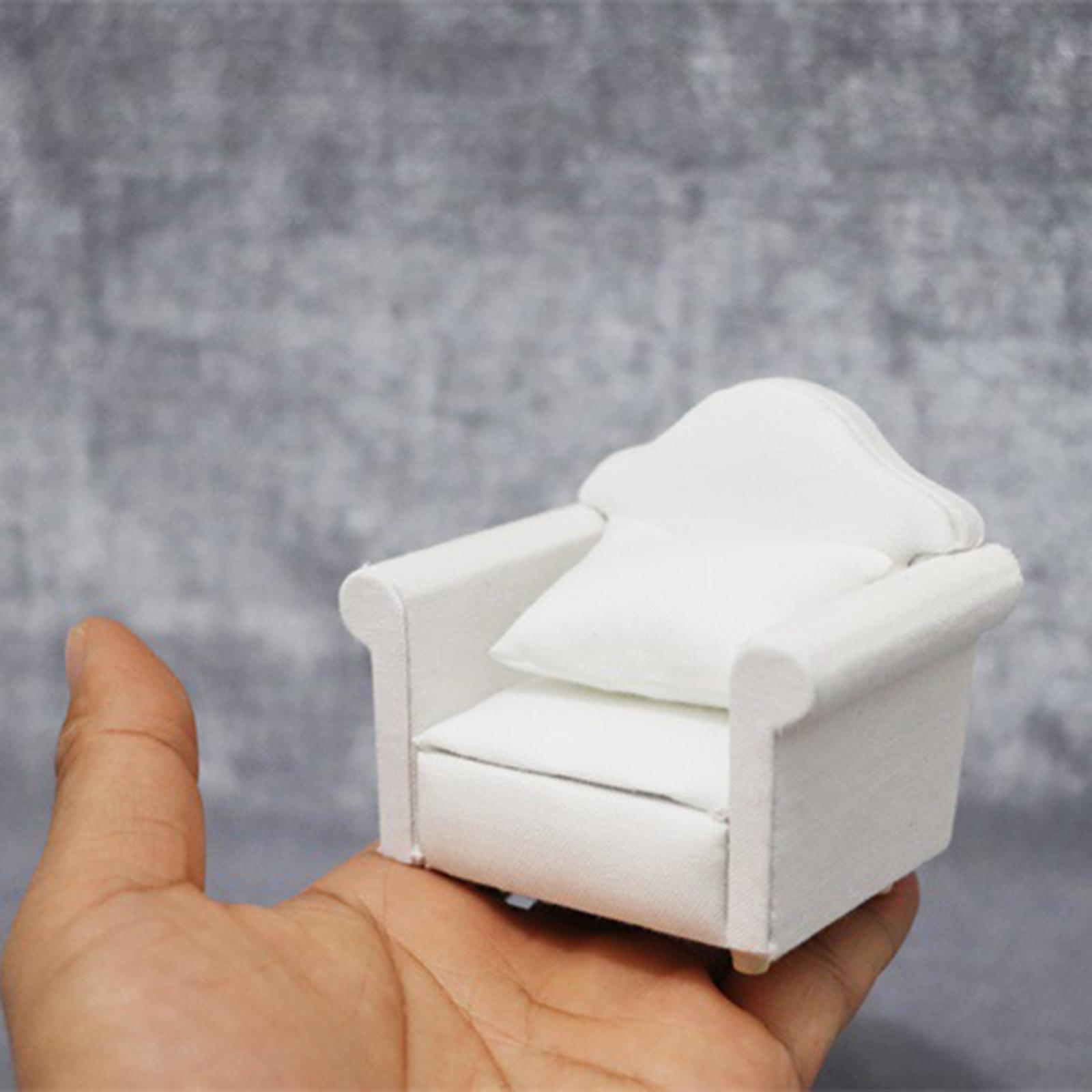 Miniature Wood Upholstered Sofa & Cushion White for 1:12 Doll House Toys DIY