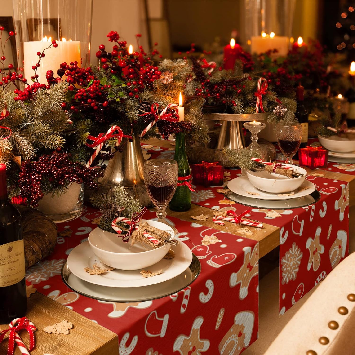 Description Picture 3 of itemChristmas Gingerbread Man Linen Table Runners Dresser Scarves Table Decor Winter Xmas Dining Table Runners Christmas Decorations