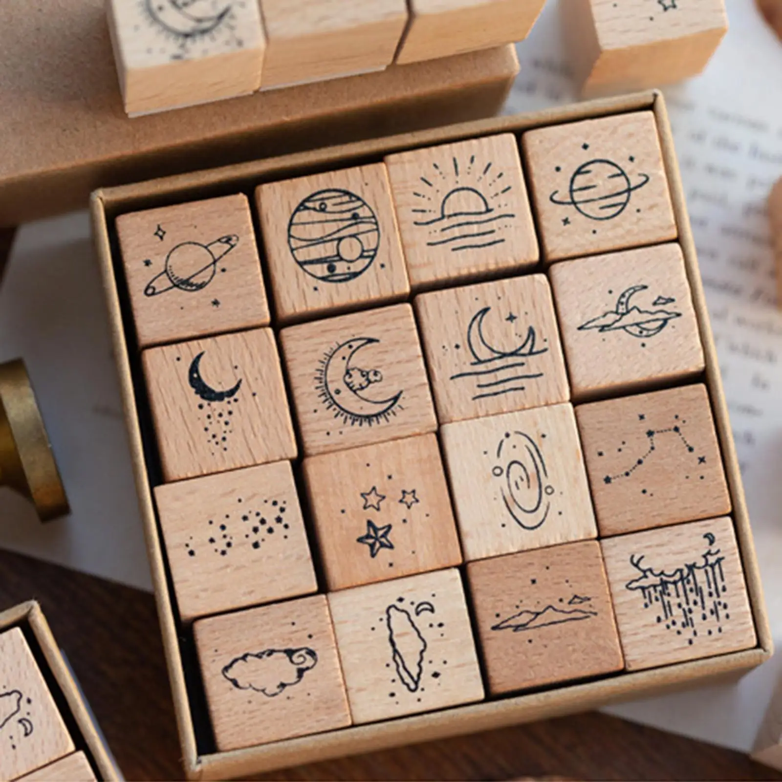 16x Wooden Rubber Stamp Set DIY Scrapbooking Moon Sun Rain Cloud Stars for Planner Diary Printing