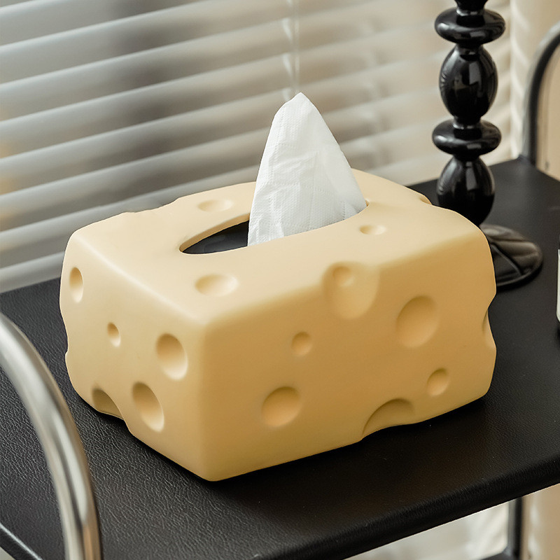 Ceramic Tissue Box Cartoon Cheese Shape Paper Towel Holder Napkin Holder Desktop Storage Box Perforated Cheese Ornament