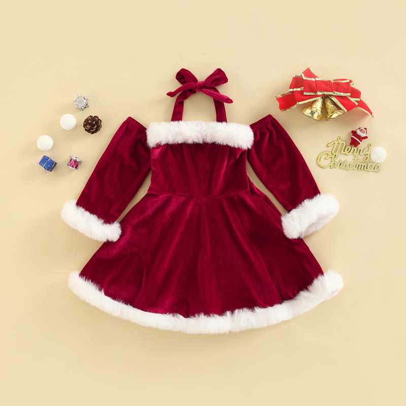 FOCUSNORM 1-5Y Kinder Mädchen Weihnachten Samt Kleid Langarm Off Schulter Schnürung Neckholder Backless Urlaub Kleid – Detail 1