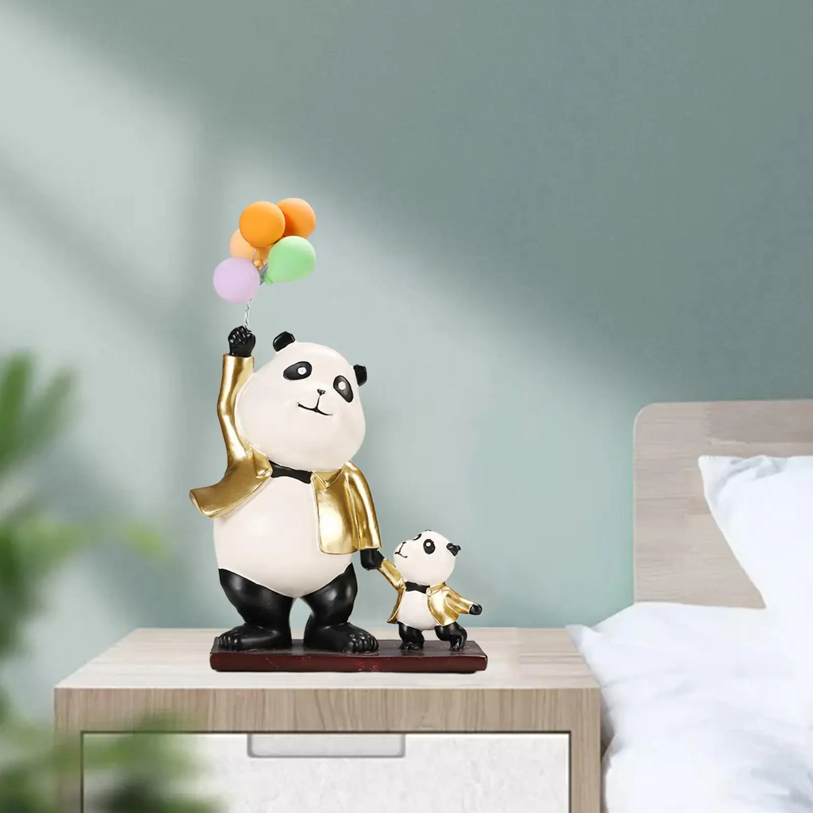 Panda Statue Figurine with Balloon Animal Sculpture for Tabletop Bookcase