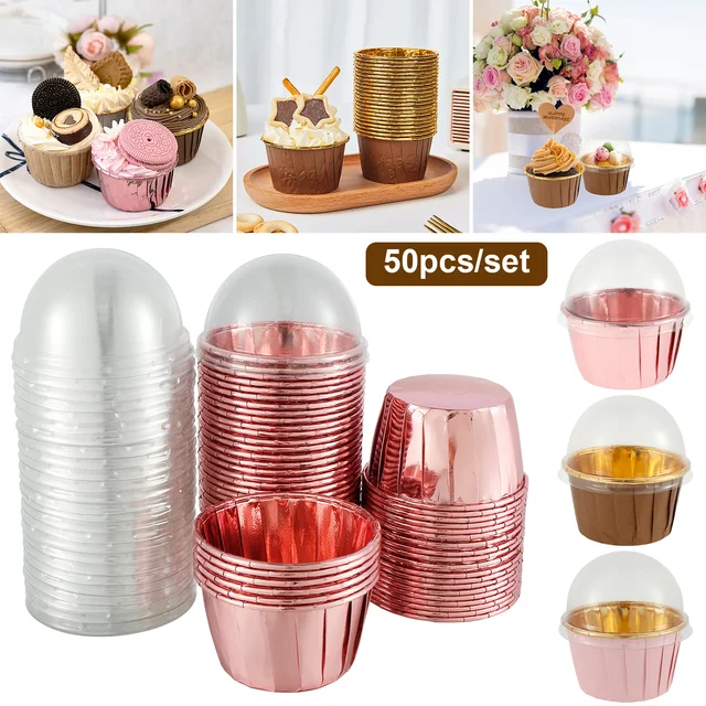 50Pc Foil Cupcake Liners with Lids Heat Resistant 5.5oz Aluminum Cake Cups  Round Foil Baking Cups Kitchen Wedding Party Supplies - AliExpress