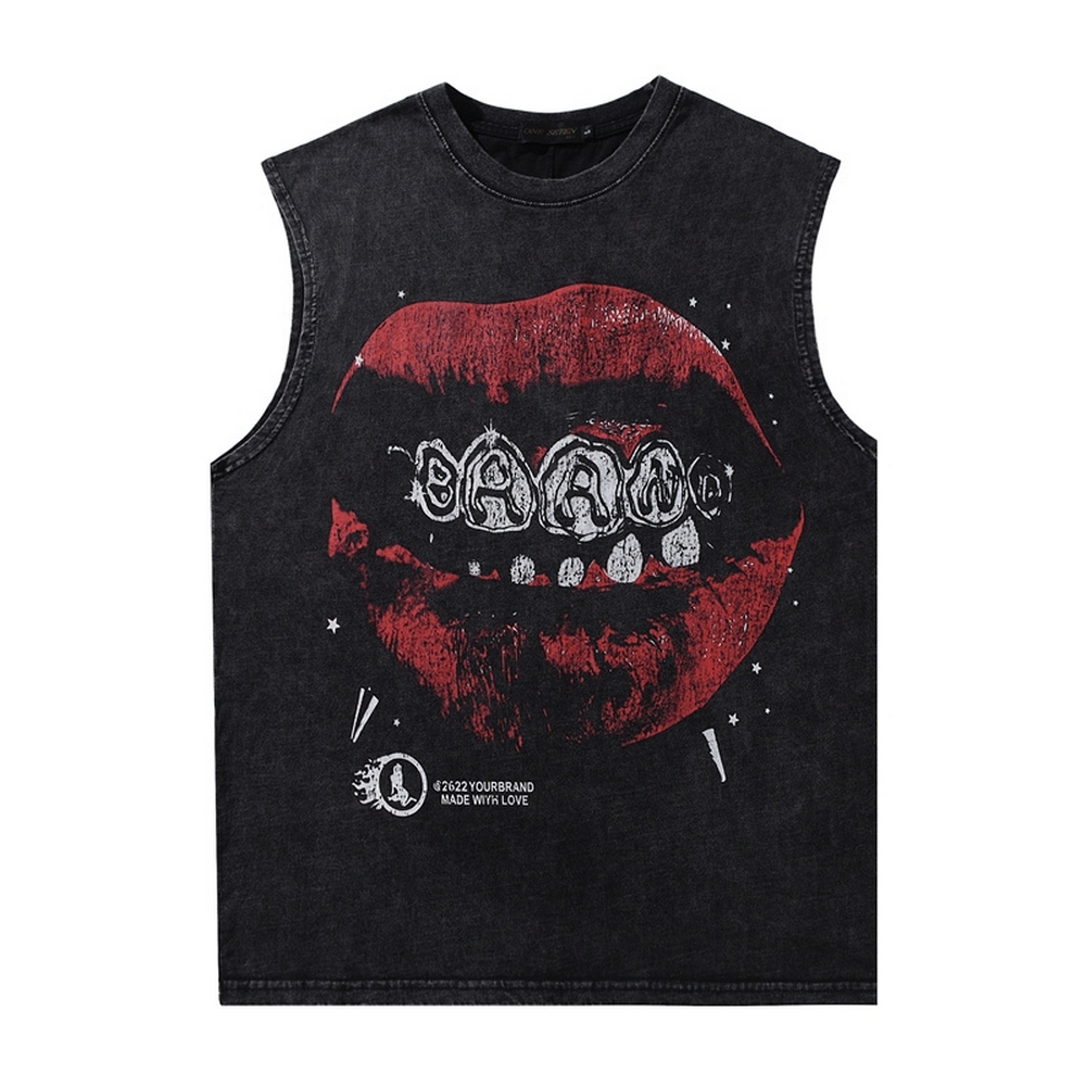 Oversize Lip Print Washed Loose Sleeveless Cotton Streetwear