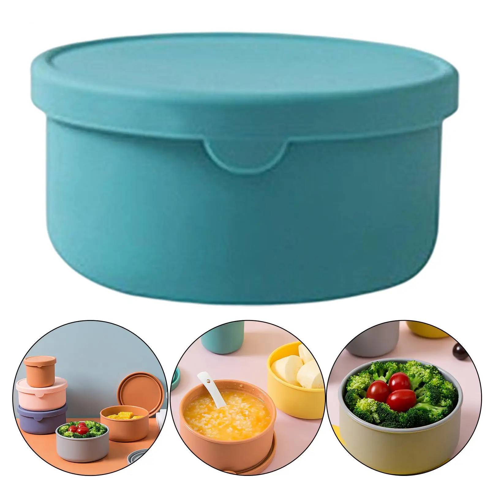 Hard Silicone Box for Lunch Leakproof Round with Lid Storage Bento Food Container Portable Single Color for Microwave