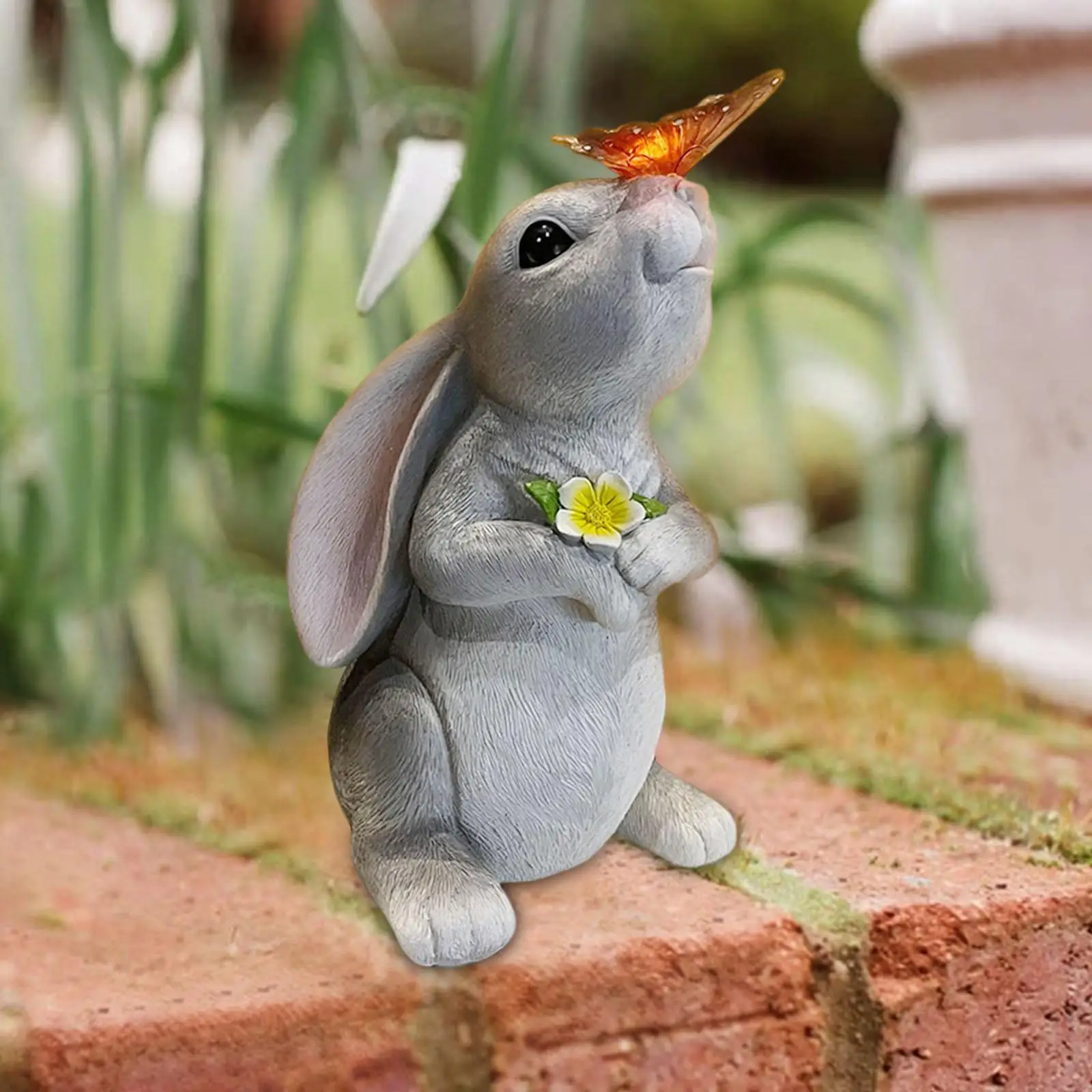 Solar Garden Rabbit Ornament Animal Figurine with Glowing Butterfly Resin Decoration Creative Crafts for Garden Porch Patio Lawn