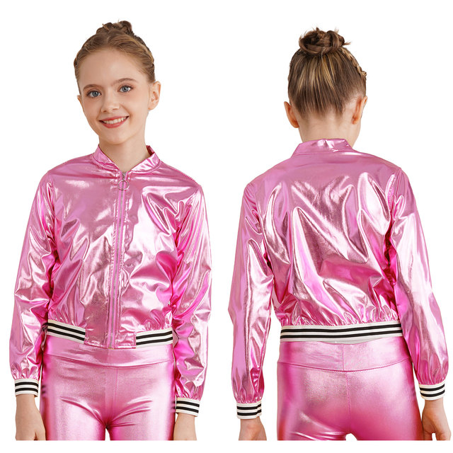 Girls Shiny Metallic Bomber Jacket Lightweight Sparkly Long