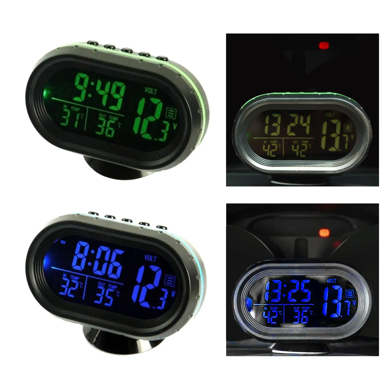 Car Digital Thermometer Clock Voltmeter Dual Temperature Gauge Alarm Monitor