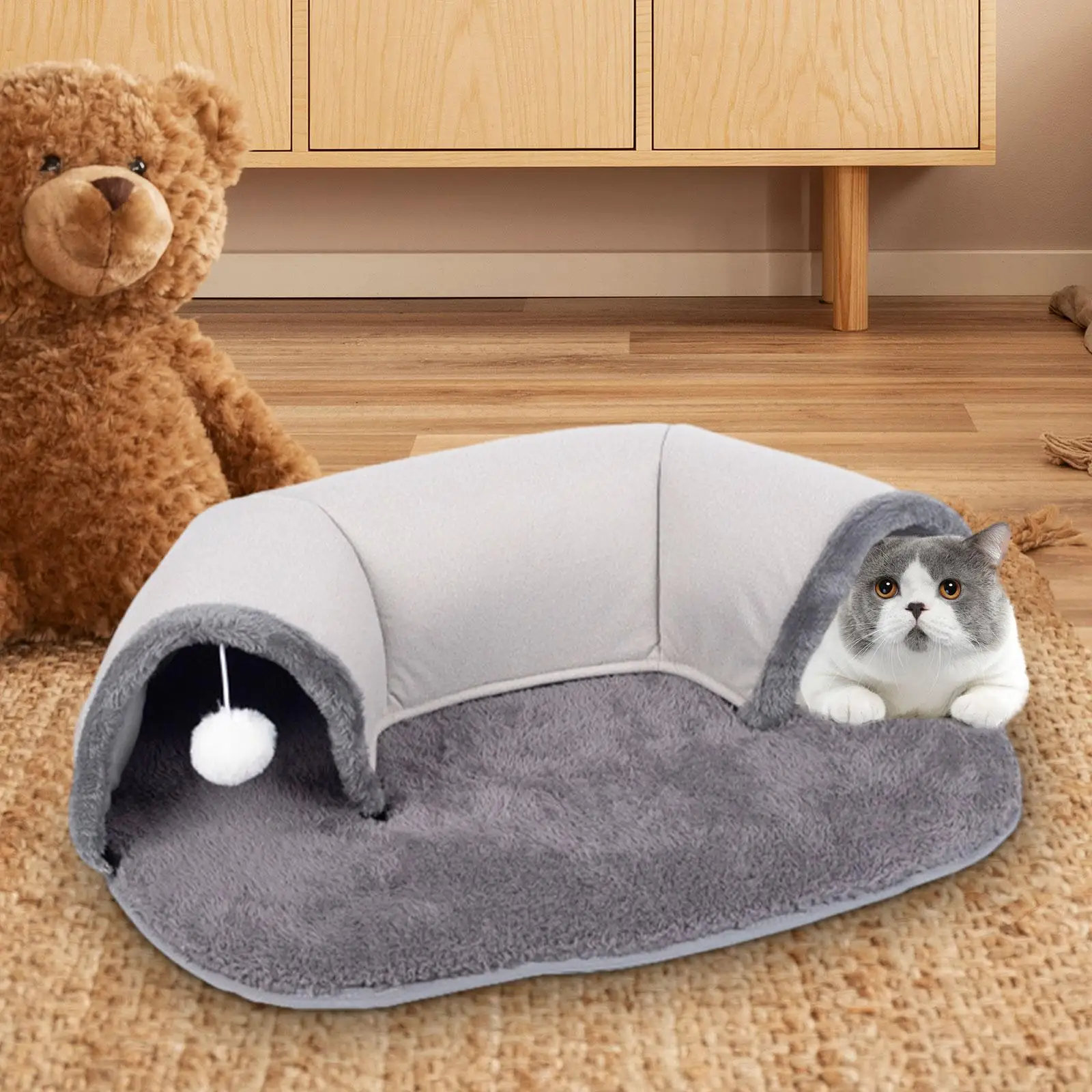 Cat Tunnel and Bed Toy Washable Multifunctional Anti Slip Bottom Plush for Kitten Puppy 65x49x17cm with Toy Ball Fun Exercise