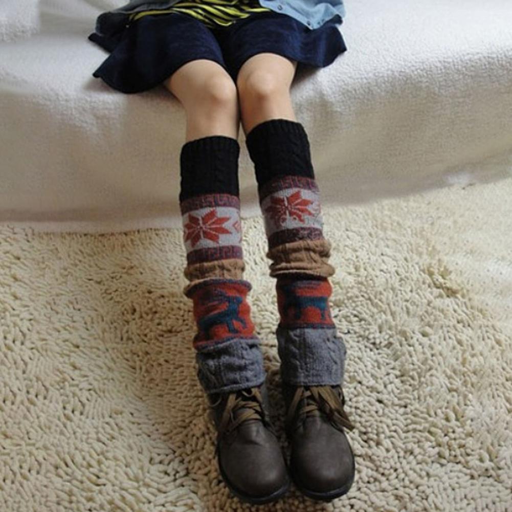 1 Pair Christmas Deer Snowflake Patterns Crochet High Stretchy Knit Knee-High Winter Boot Socks Leg Warmers_voghion.com