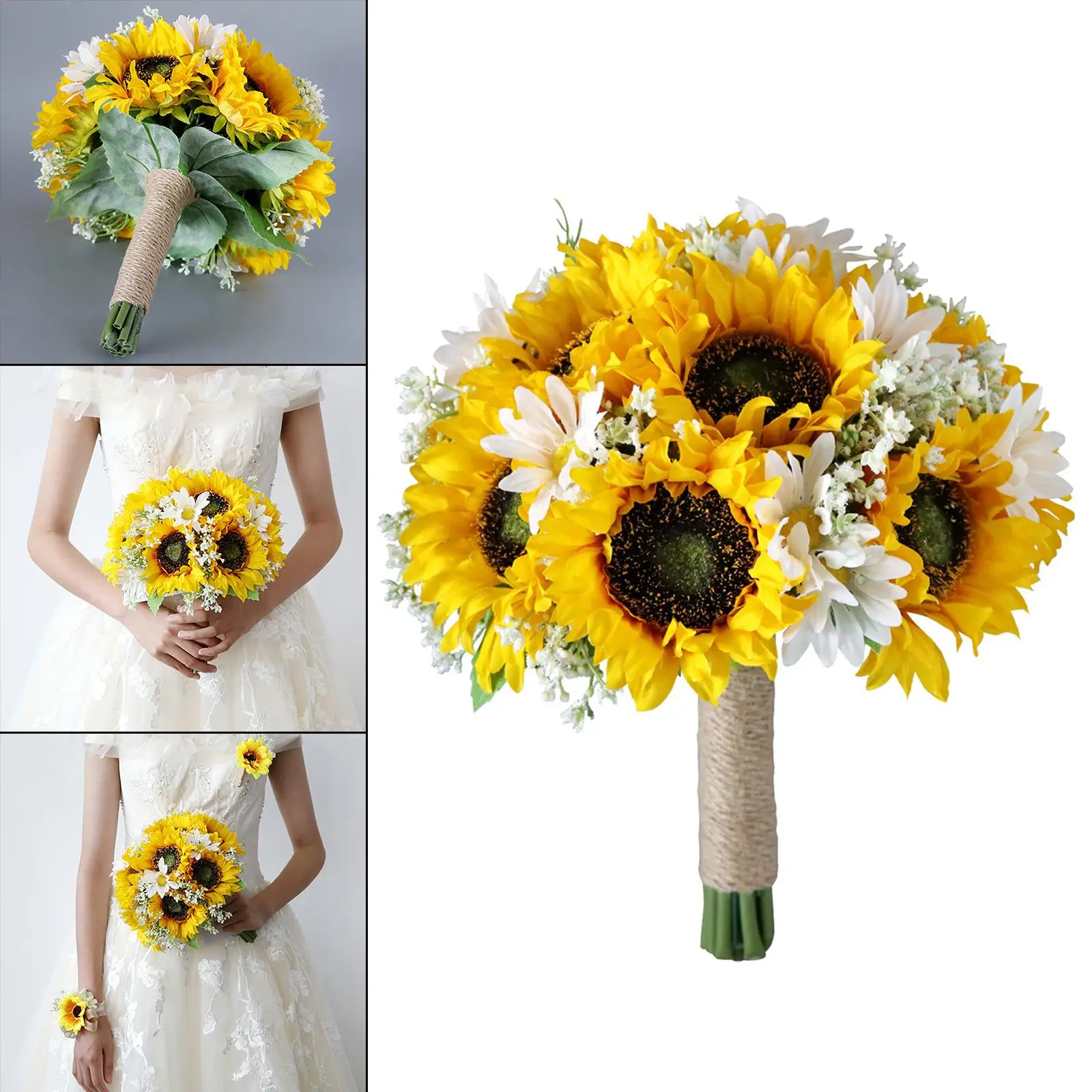 Romantic Wedding Bride Bouquet with Linen Rope Sunflowers  Artificial Flowers for Festival Wedding Ceremony Decor Centerpiece