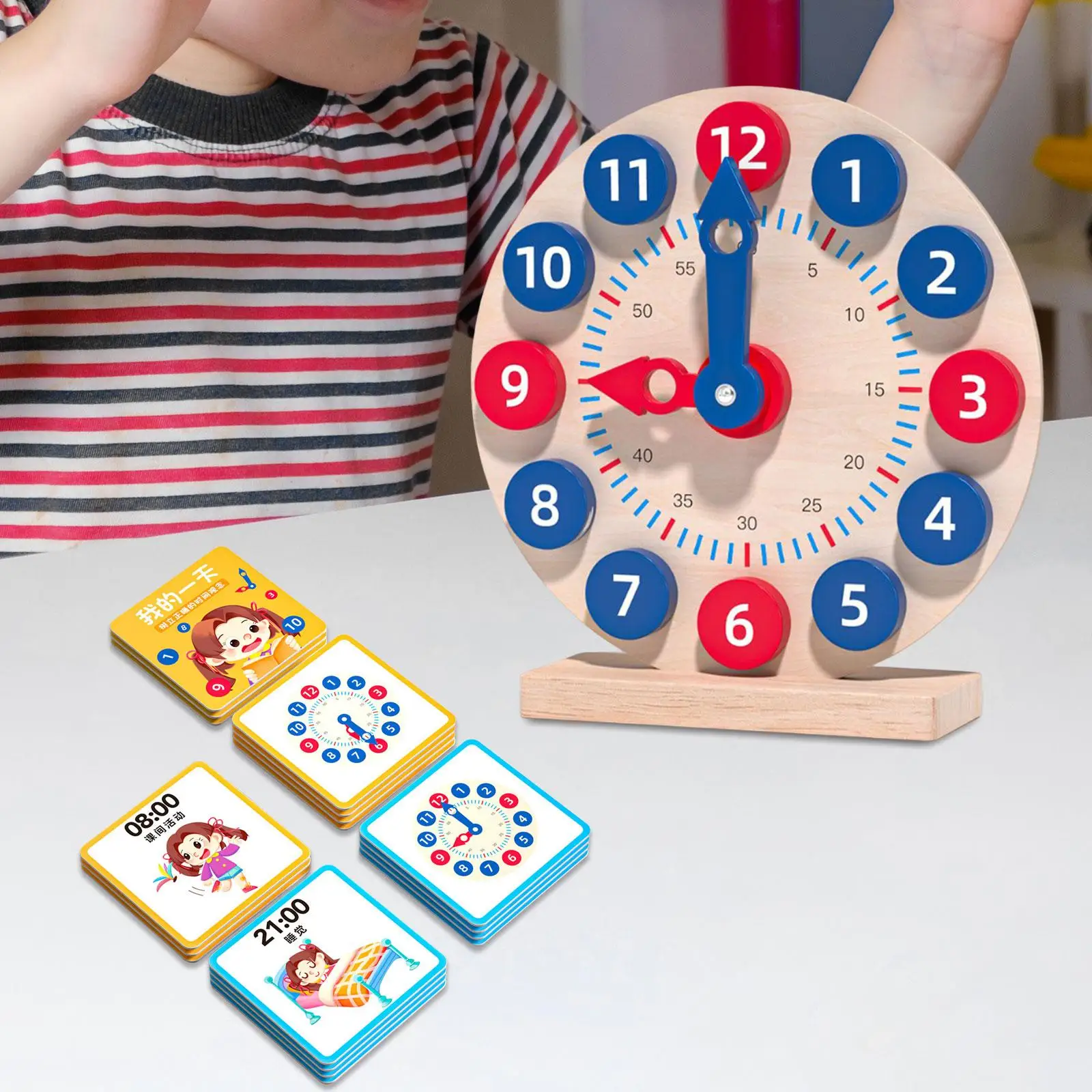 Wooden Toy Clock Learn to Tell Time Multifunctional Teaching Time 18 Reversible Time Cards for Gift Boy Girl Children