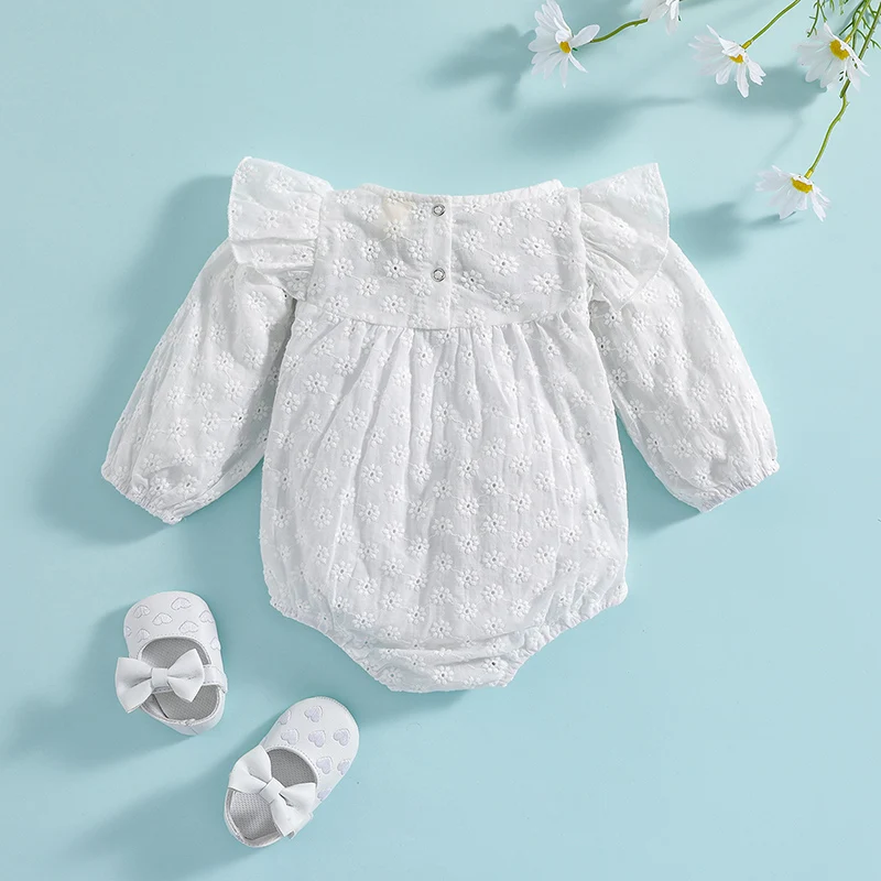 Infant Girls Romper Ruffle Long Sleeve Hollow Out Flower Embroidered Solid Color Snap Closure Jumpsuit Baby Summer clothing Baby Bodysuits are cool