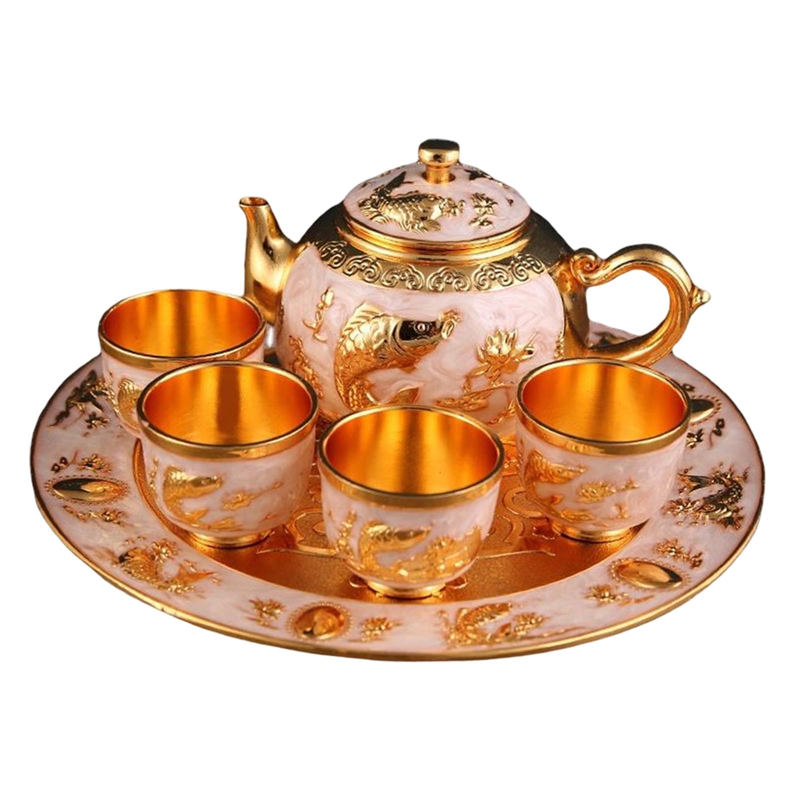 6x Coffee Pot Set with Tray Vintage Style Tea Cups and tray for Living room Ornaments Wedding Gift Dining Table
