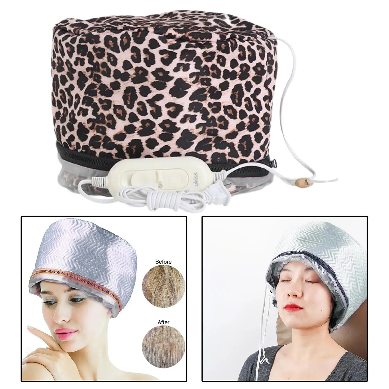 Hair Steamer Heating Hat Nourishing Moisturizing  Caps Adjustable Temperature Control, Home Use, Leopard Print Hair 