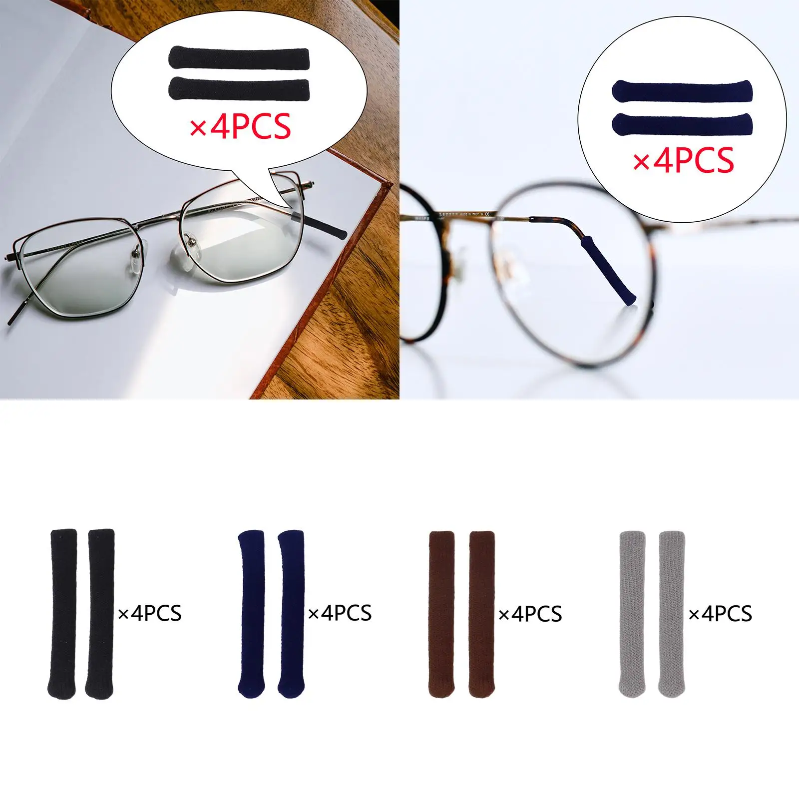 4 Pairs Eyeglasses Temple Tip Sleeve Retainer Soft Knitted Anti Slip Elastic Lightweight Glasses Ear Cushions for Eyeglasses