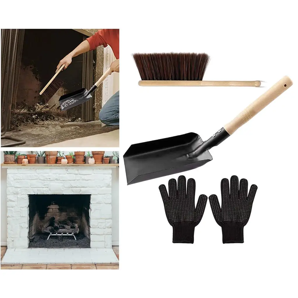 Fireplace Tools Ash Shovel and Hearth Brush Set Dust Shovel Firepit Gloves Hearth Tidy Fireside Wood Burner Accessories
