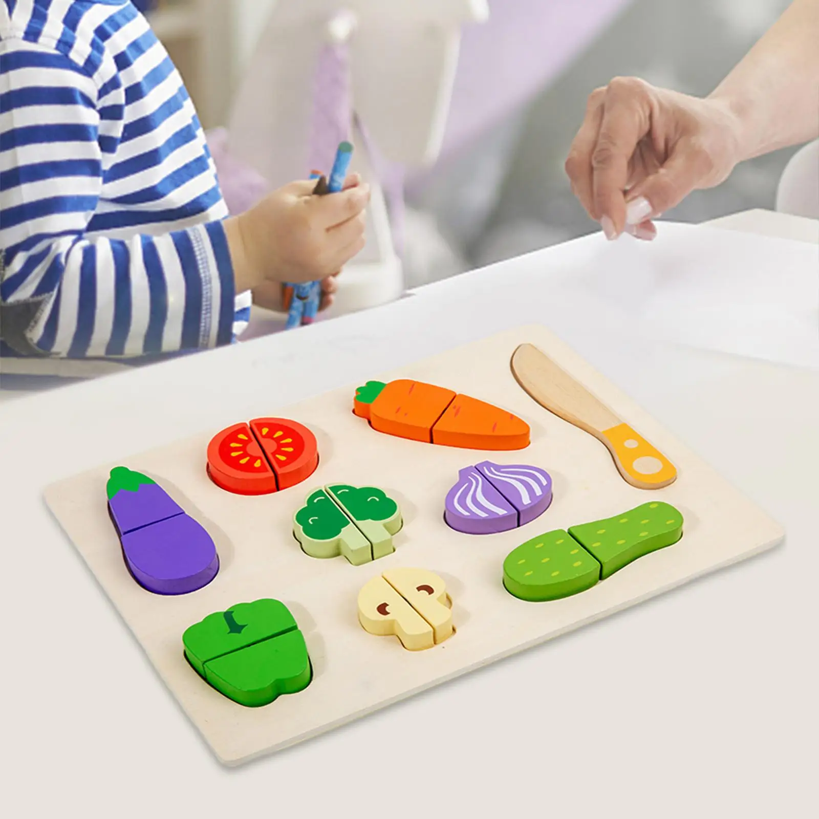 Cutting Vegetables Wooden Play Kitchen Toys Playset, Wood Puzzle Cutting Food Toy Vegetable Puzzle for Kids, Girls, Boys Gift