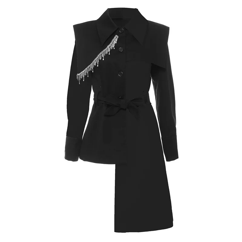 Coat Women Spring 2022 New Woman Bling Tassel Rhinestone Midi Jackets Personality Stitching Irregular Contrast Color Trench long duvet coat