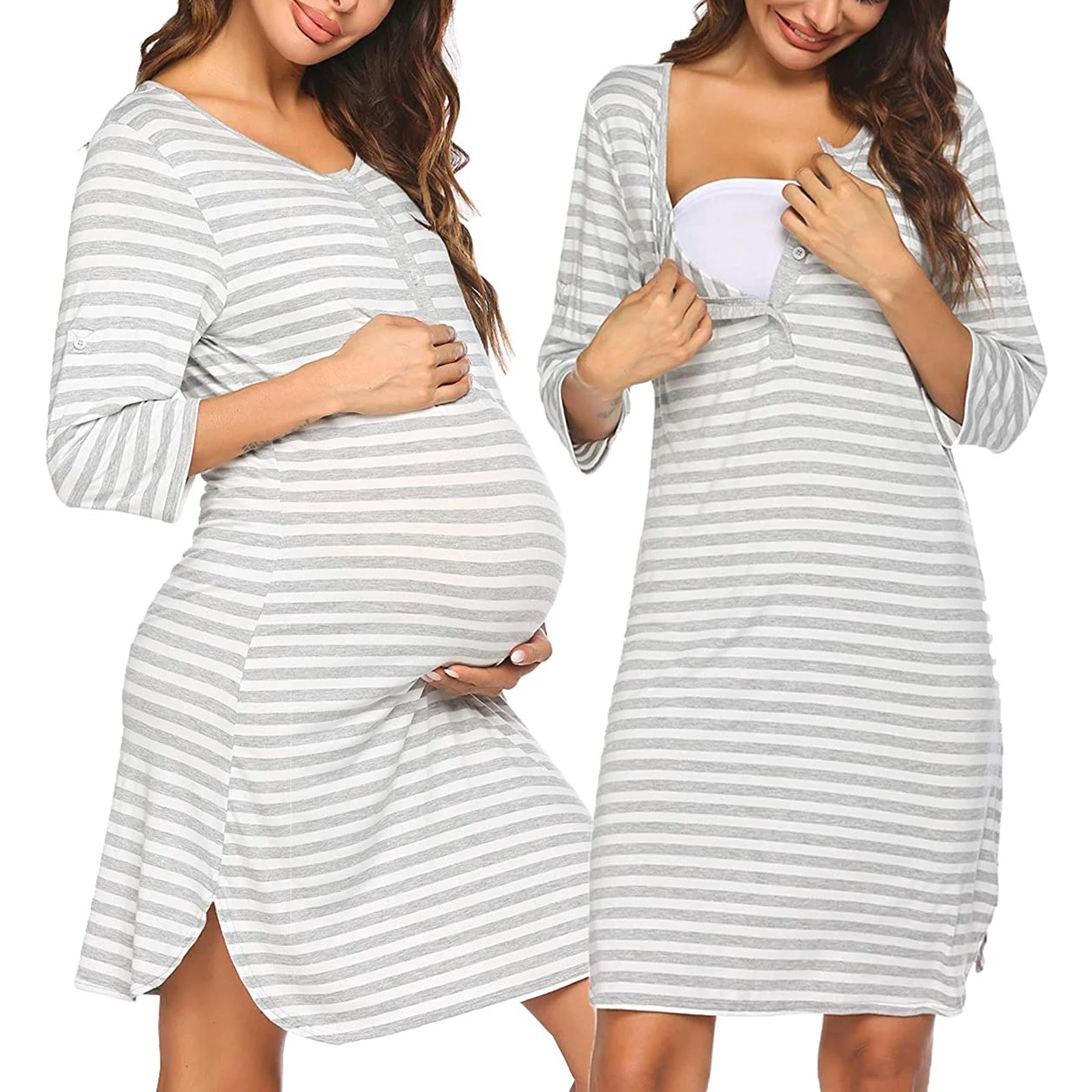 Платья для беременных женщин в полоску с коротким рукавом для груди-Женская  одежда для сна ночная рубашка платье для беременных женщин | AliExpress