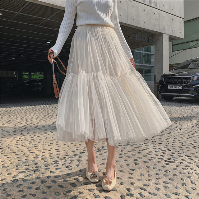 Women Ruffle Tutu Skirts A-Line Fairy Elastic Waist Tulle Midi Skirt