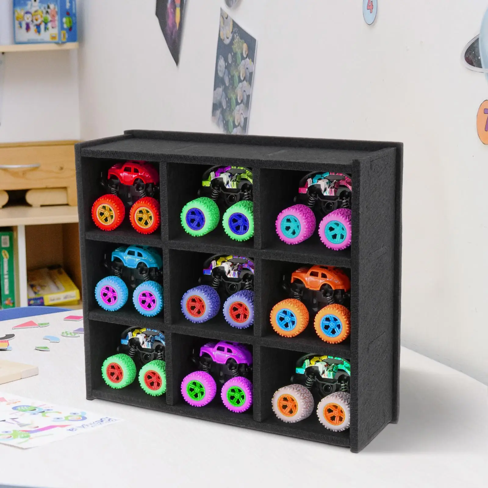 Monster Trucks Toy Wall Mount Display Case with 9 Slots Felt Material Compact DIY Assembled for Displaying Convenient