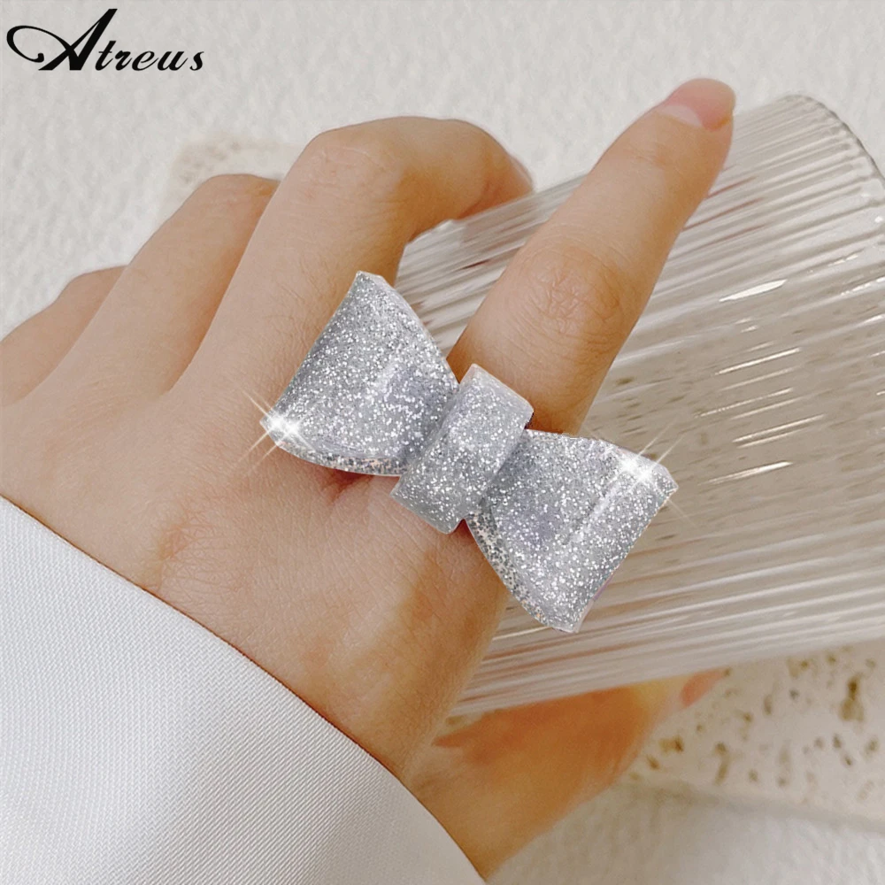 Exaggerated Big Bowknot Finger Ring Bling Glitter Powder Resin Open Ring  for Women Acrylic Cuff Ring Korea Ins Jewelry - AliExpress