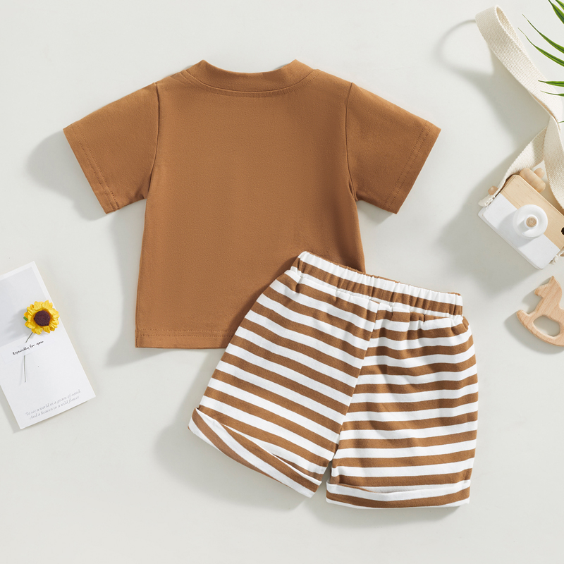 Description Picture 3 of itemKids Girls Boys Pants Suit Casual Party Short Sleeve Round Neck Tops Loose Striped Drawstring Short Pants Suit