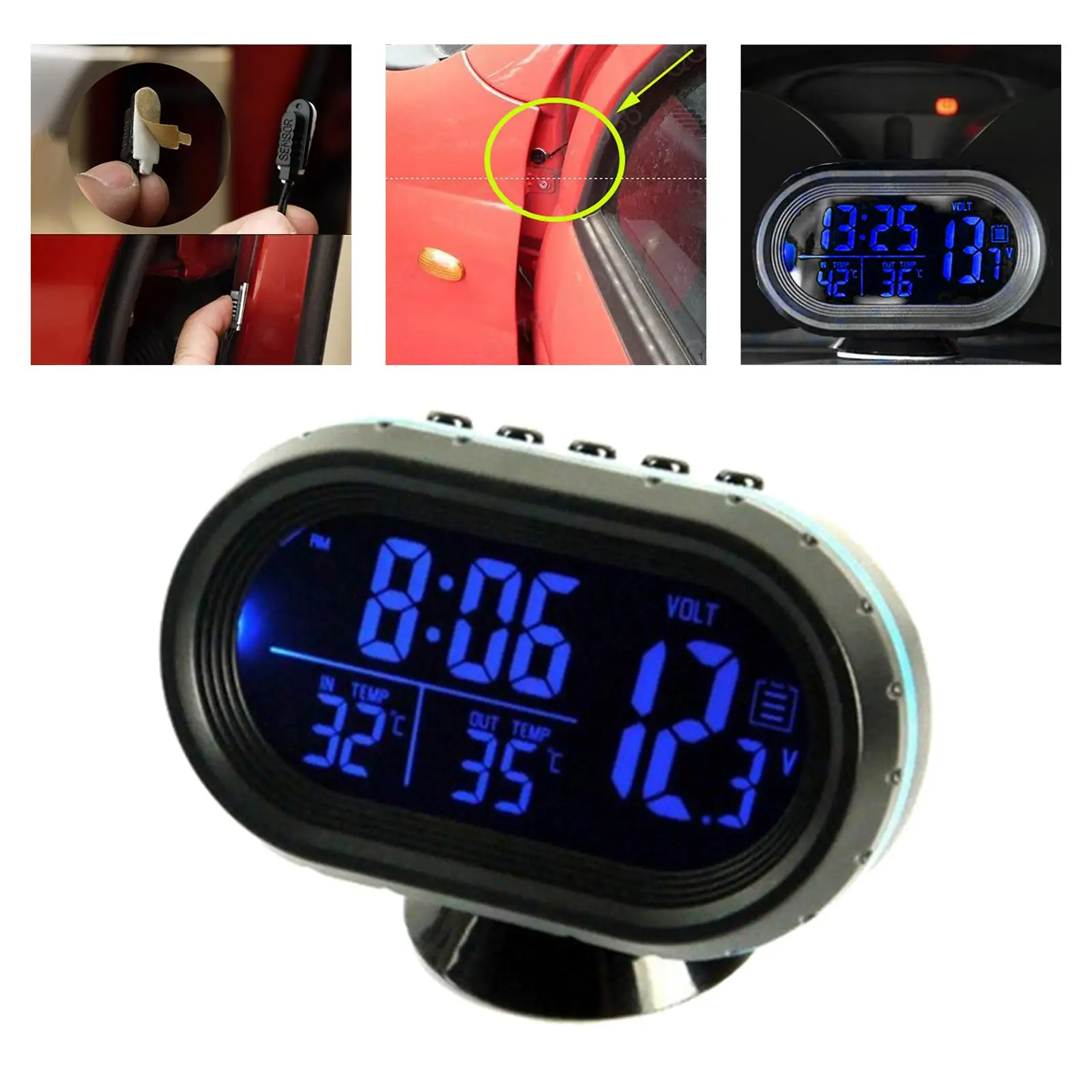 Car Digital Thermometer Clock Voltmeter Dual Temperature Gauge Alarm Monitor
