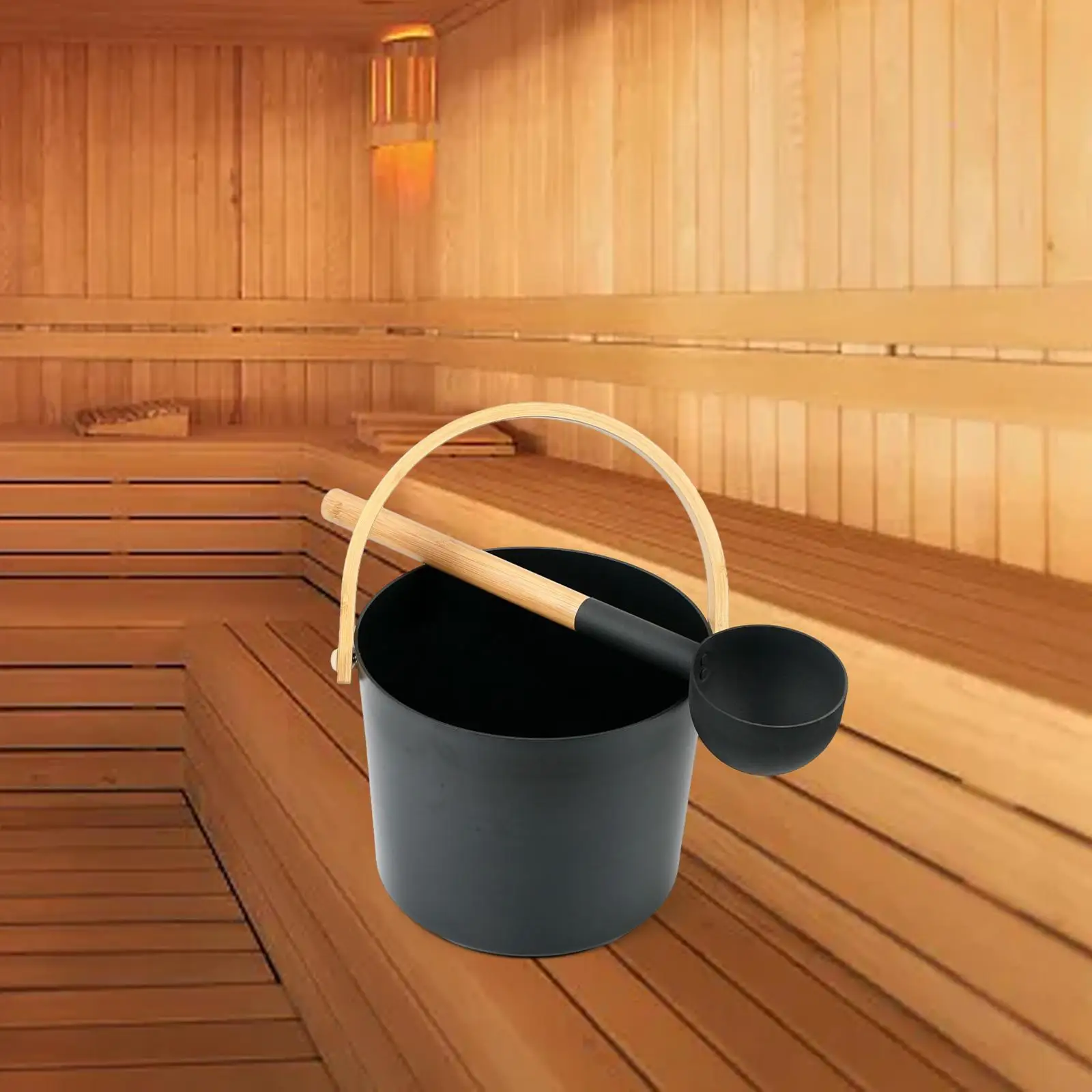 Aluminum Sauna Bucket with Ladle Durable Bamboo Handle 7 Liter SPA Sauna Barrel for Bathtub Household Sauna Room Bathroom Hotel