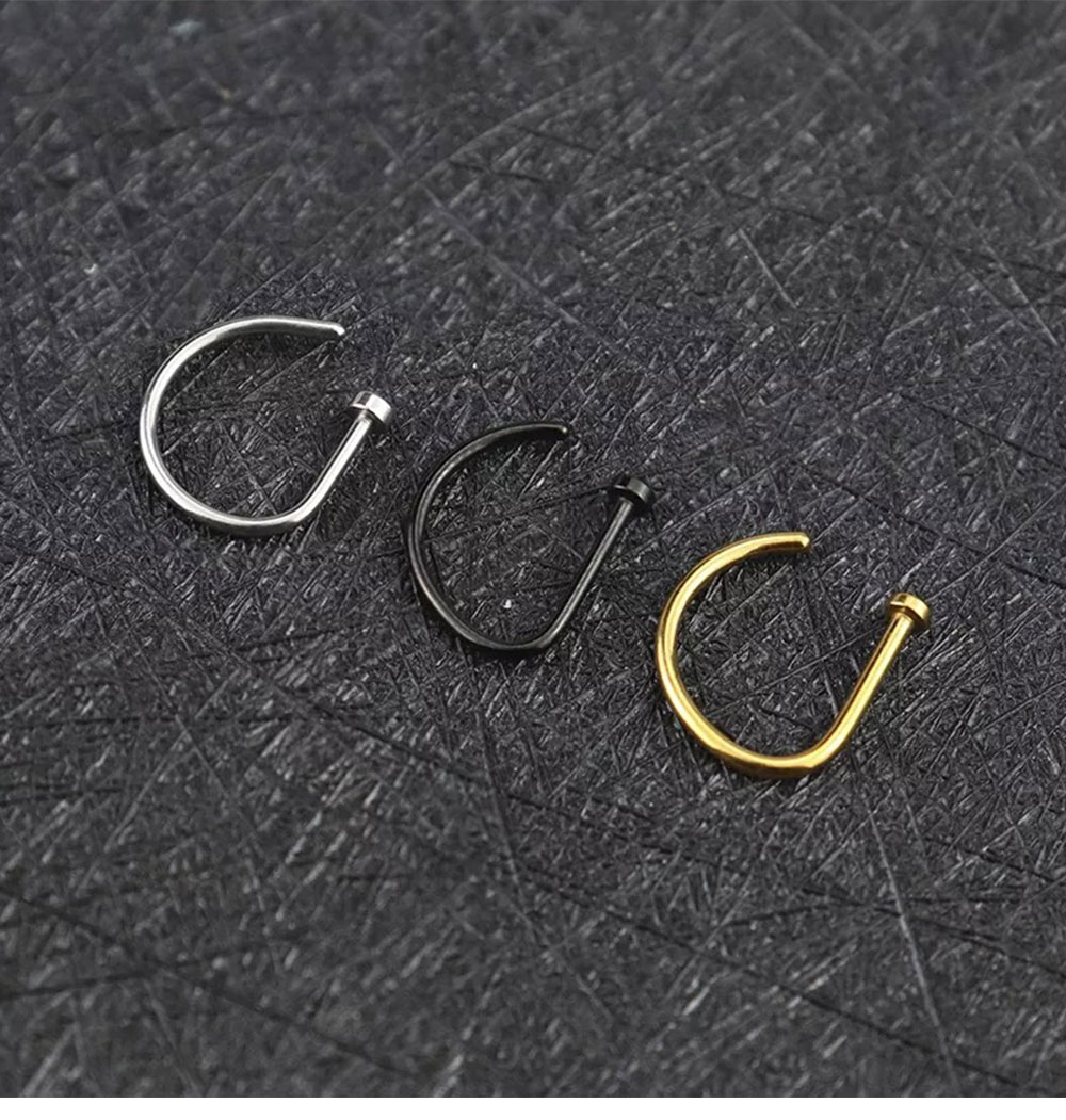 Curved Barbells Fake Nose Piercing D Shaped Tragus Helix Stud Earring Hoop Septum  Stainless Steel Ring Nostril Body Jewelry