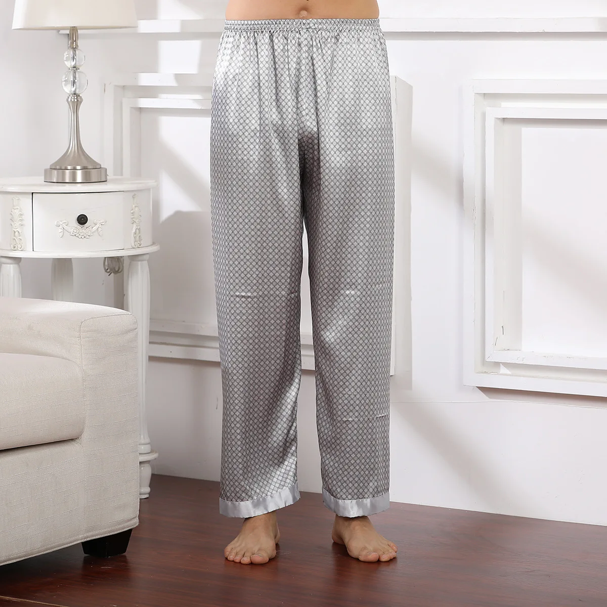 Plus Size Men's Ice Silk Sleep Pants Fashion Print Plaid Pajamas Casual Loose Home Bottom Luxury Silk Man Lounge Wear Trousers mens pajama pants