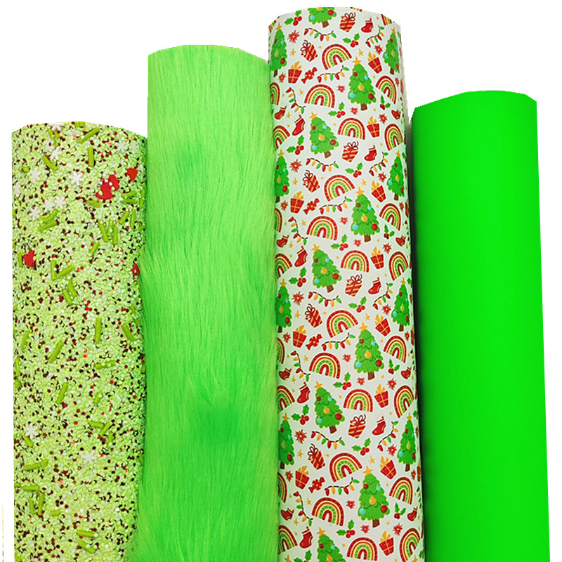 Description Picture 2 of itemGreen Glitter Leather with Heart Sprinkles Rainbow Christmas Tree Printed Synthetic Leather Fur Fabric For Bow DIY 21x29CM Q1638