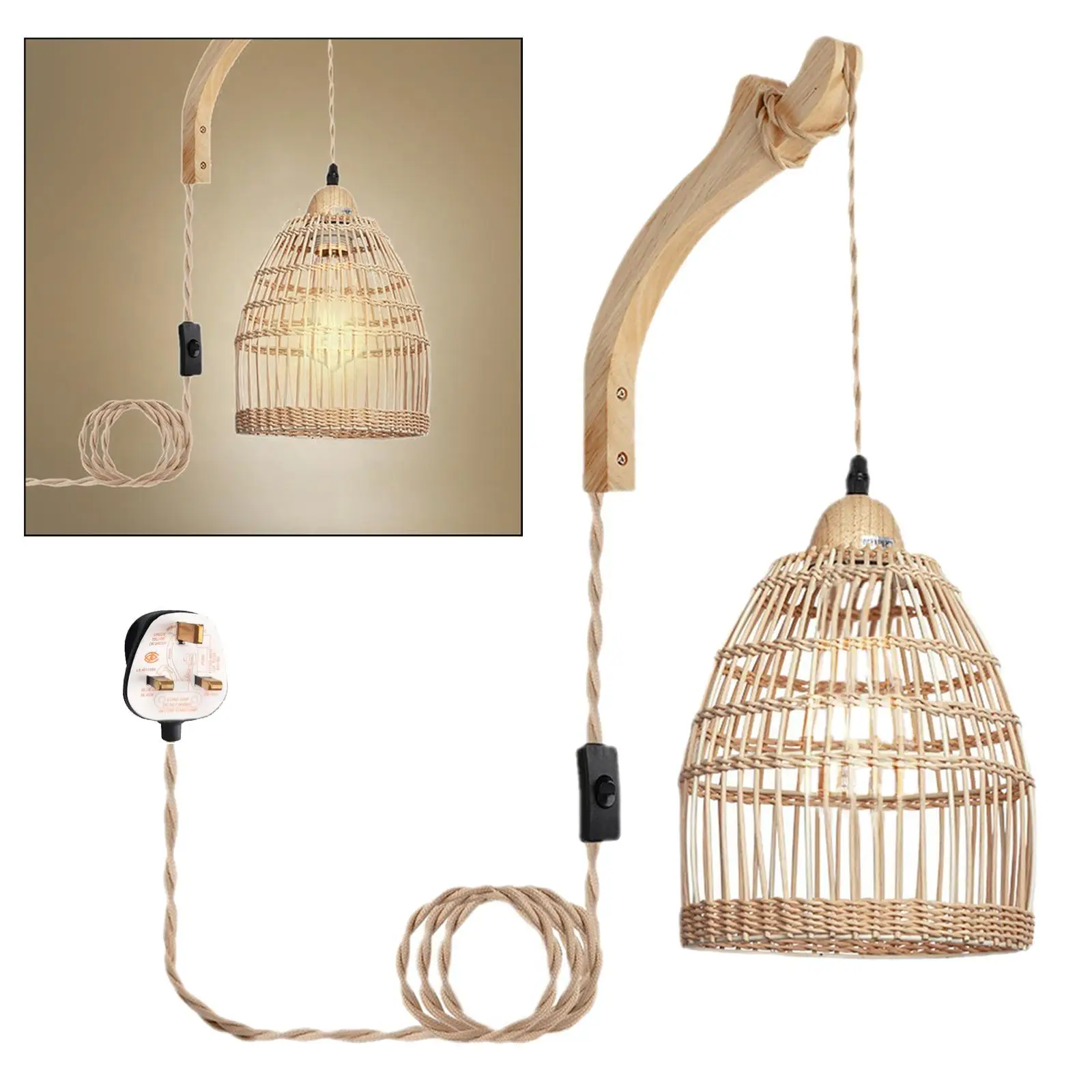 Wall Lamp Woven Bamboo Lantern Wall Sconce with Wood Bracket Farmhouse Wall Mounted Light for Nursery Home Hallway Bedside Porch