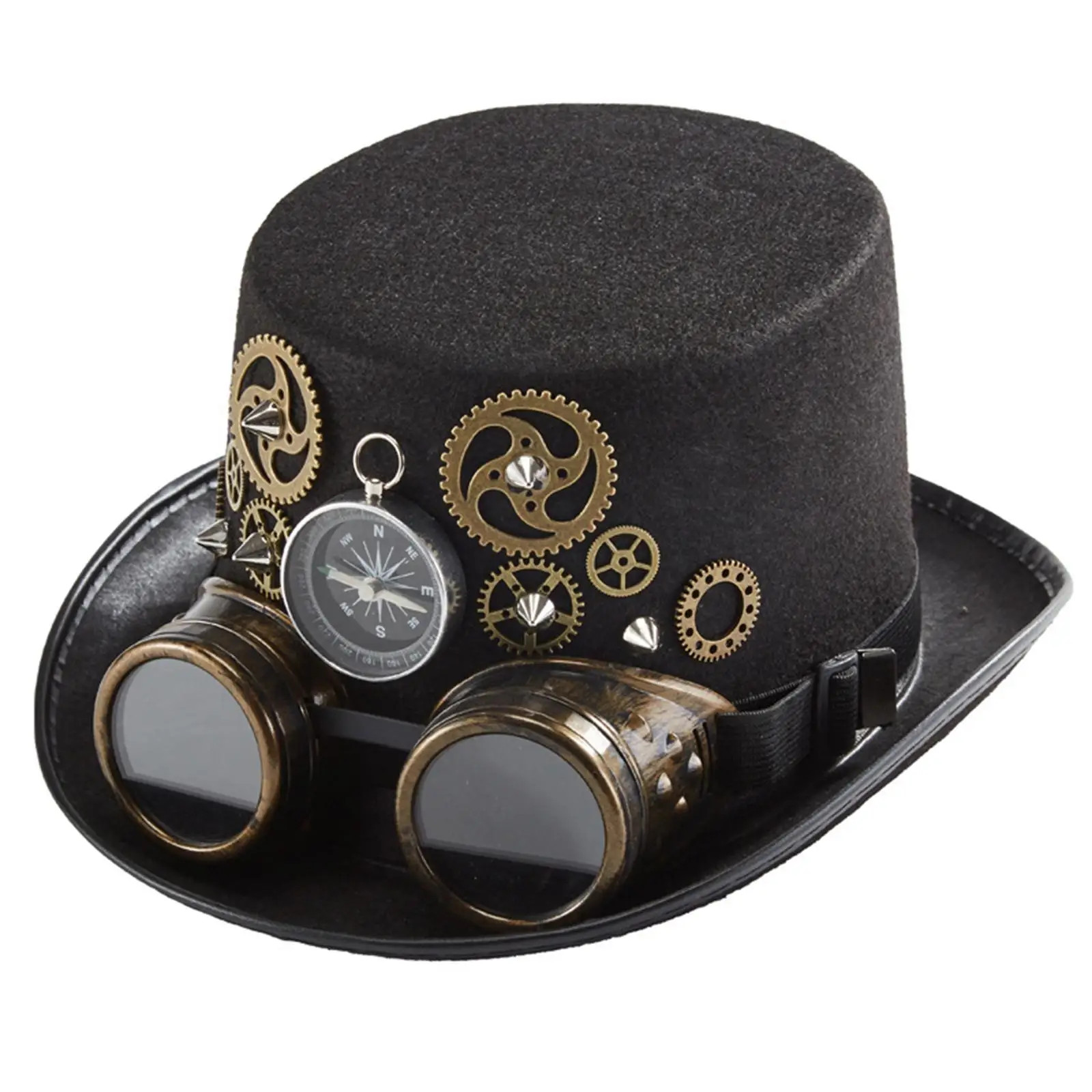 Retro Style Steampunk Top Hat Metal One Size Unisex Gothic Rivet Wide Brim Head Wear Gears for Jazz Cosplay Fancy Dress Women